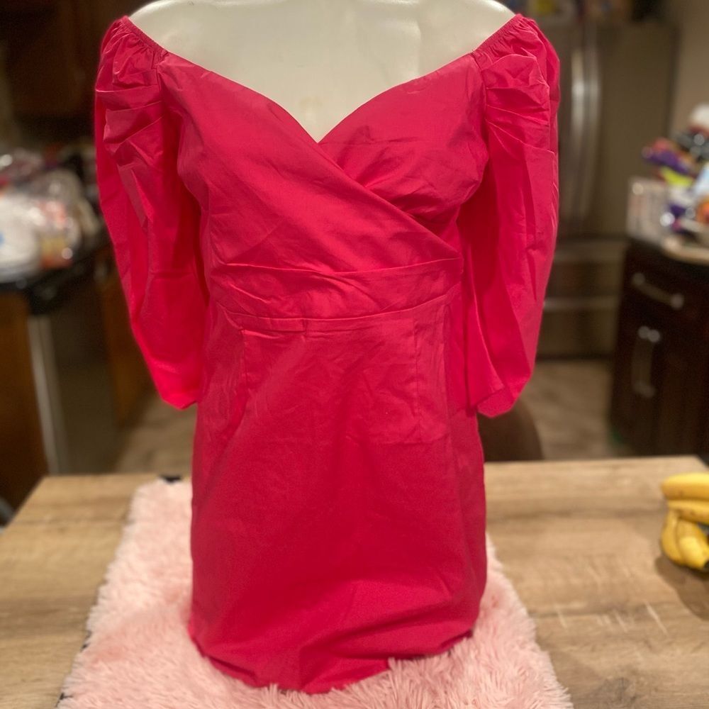 Vine & Love Hot Pink Off-The-Shoulder Puff Sleeve Surplice Wrap Mini Dress M